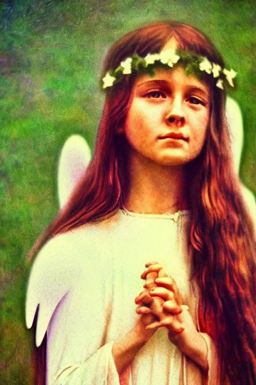 Image similar to old realistic photo of an hippie girl as an angel, photograph, color picture, late 1 9 6 0's, highly detailed, matte, sharp focus, smooth, sharp focus, illustration