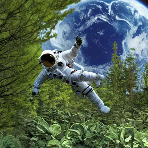 Image similar to an astronaut on an alien planet teeming with vegetation