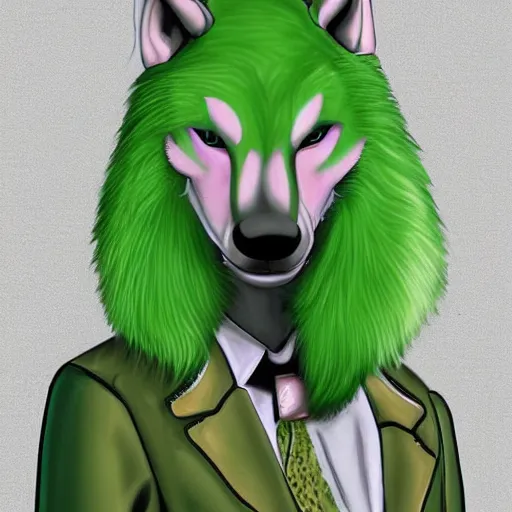 Image similar to Beautiful digital painting of an anthro anthropomorphic pastel-green wolf, Punk outfit. cute