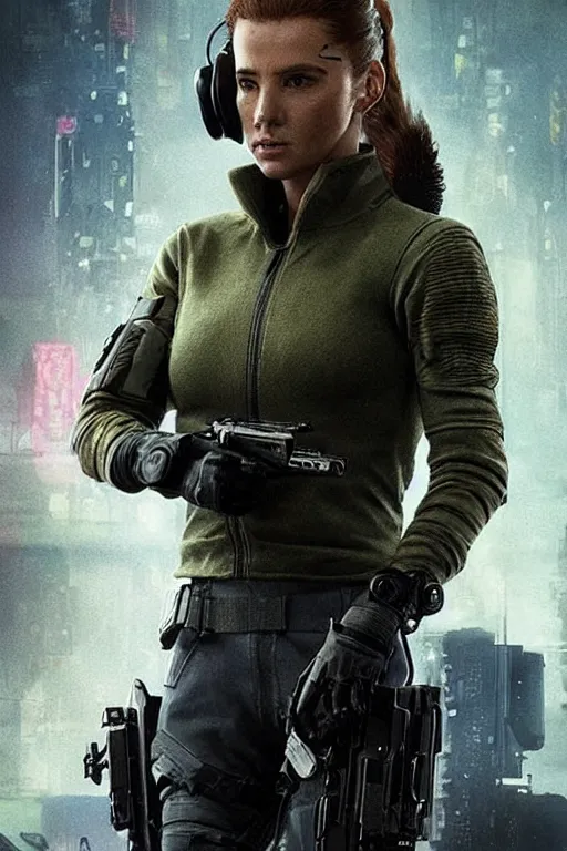 Image similar to Sonya. Confident blackops mercenary in tactical gear and cyberpunk headset. Blade Runner 2049. concept art by James Gurney and Mœbius.