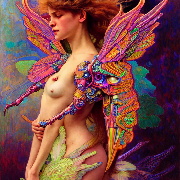 Prompt: bright psychedelic portrait of organic cyborg holding wings, diffuse lighting, fantasy, intricate, elegant, highly detailed, lifelike, photorealistic, digital painting, artstation, illustration, concept art, smooth, sharp focus, art by John Collier and Albert Aublet and Krenz Cushart and Artem Demura and Alphonse Mucha