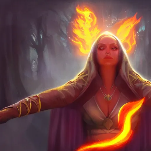 Prompt: Sorceress casting a fireball spell, digital painting, artstation, Magic The Gathering card illustration