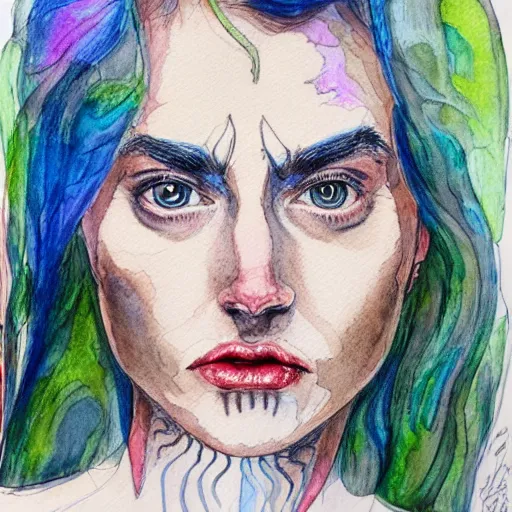 Image similar to portrait of magickjell, watercolor, ink lines, lars lerin, highly detailed