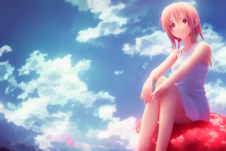 Image similar to a cute anime girl sitting on a cloud relaxing, red lighting, mist, blender render,