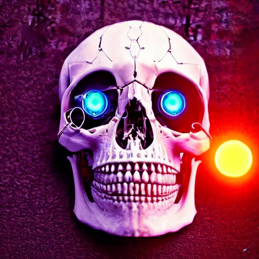 Prompt: real human skull with robotic circular orange light electronic eyes in eye sockets, cyberpunk, futurism