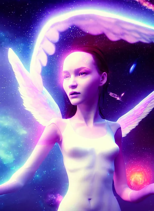 Prompt: portrait of beautiful angel girl with wings like a galaxy in space holding the universe in her hands, cyberpunk, 3 d render, hyper realistic detailed, scifi, fantasy, octane render, concept art