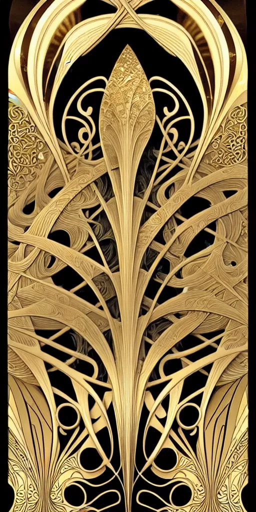 Prompt: the source of future growth dramatic, elaborate emotive Art Nouveau styles to emphasise beauty as a transcendental, seamless pattern, symmetrical, large motifs, hyper realistic, 8k image, 3D, supersharp, Art nouveau curves and swirls, metallic reflective surfaces, glittery iridescent and black colors with gold accents, perfect symmetry, iridescent, High Definition, sci-fi, Octane render in Maya and Houdini, light, shadows, reflections, photorealistic, masterpiece, smooth gradients, high contrast, no blur, sharp focus, photorealistic, insanely detailed and intricate, cinematic lighting, Octane render, epic scene, 8K