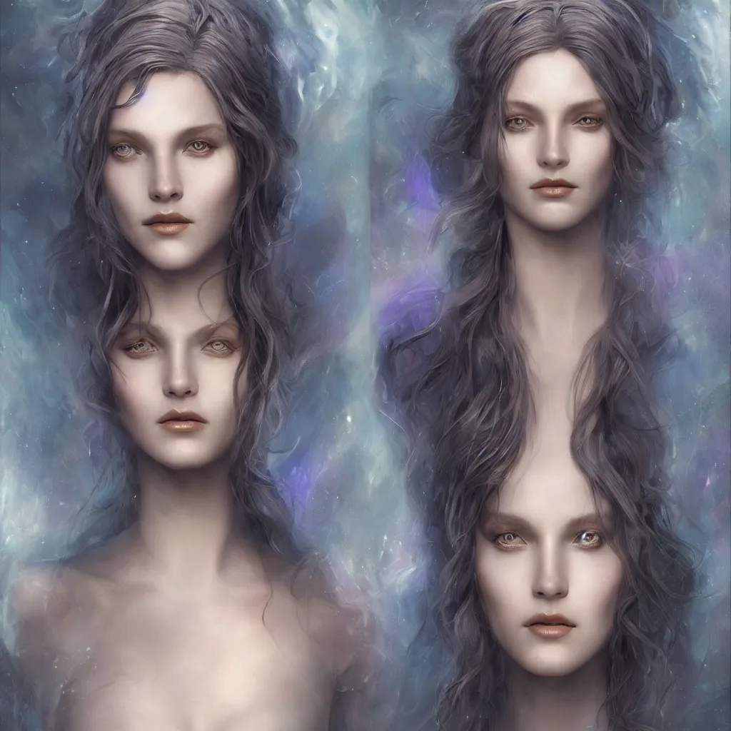 Prompt: a dramatic art nouveau edged bust portrait of a seductive alien space goddess, perfectly symmetrical facial features, beautiful confident eyes, photorealism, by adam hughes, frank frazetta and james cameron, sensual volumetric lighting, vray render, zbrush, artstation, deviantart, season of mist, blade runner, the matrix