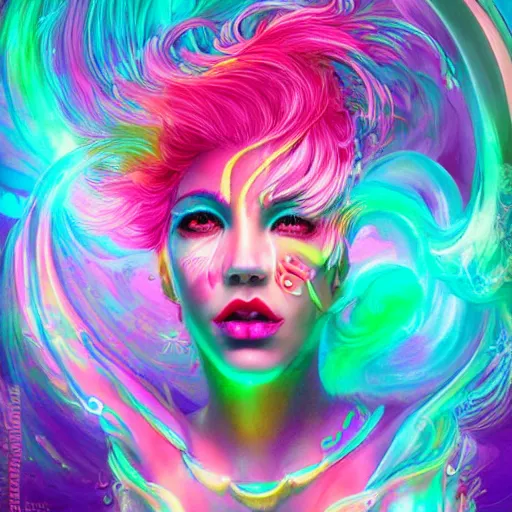 Prompt: psychedelic [ chemiluminescence ] [ [ [ smiling ] ] ] dancing sexy female chakra spirit with pink hair smoke and fluid dynamics, colorful, psychedelic, ornate, intricate, digital painting, concept art, smooth, sharp focus, illustration, blacklight reacting, art by artgerm and greg rutkowski n 9