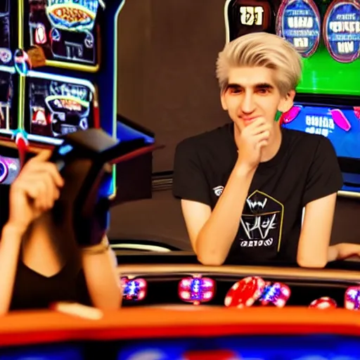 Image similar to handsome xqc gambling : : realistic : : 1 dslr : : 1 - - quality 2