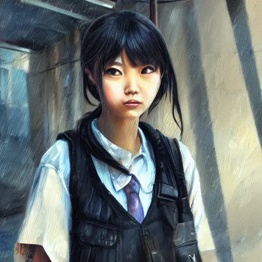 Image similar to a perfect, realistic professional oil painting of a Japanese schoolgirl posing in a dystopian alleyway, close-up, by a professional American senior artist on ArtStation, a high-quality hollywood-style concept