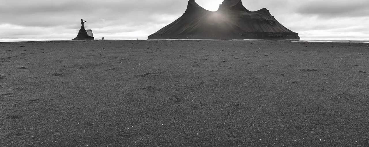 Image similar to low angle cinematic shot of lone futuristic mech in the middle of an endless black sand beach in iceland, icebergs, 2 8 mm