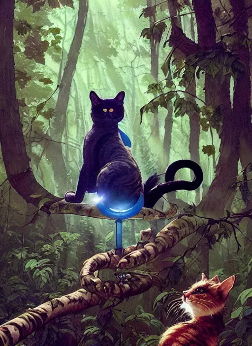 Image similar to a hyper realistic ink cat alien technology and sunbeams blue sky, lush forest foliage painting by chiara bautista and norman rockwell and greg rutkowski weta studio, and lucasfilm