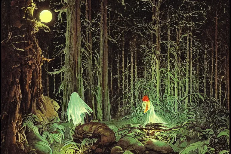 Image similar to a scenic view of a shining ghost in the middle of a magical forest at night, detailed, cinematic, dramatic scene, retro illustration by Norman Rockwell.