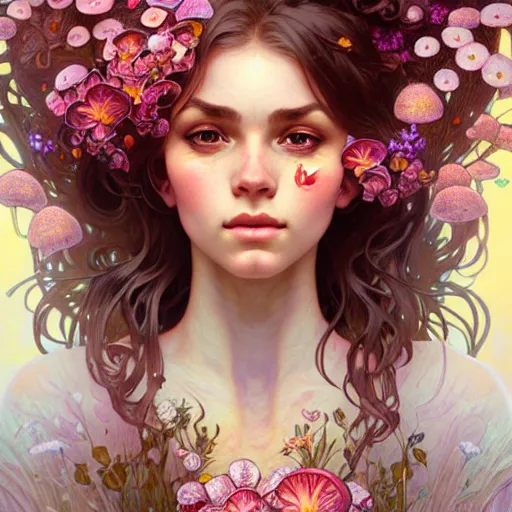 Image similar to Portrait of a girl surrounded by flowers and mushrooms, face, fantasy, intricate, elegant, highly detailed, digital painting, artstation, concept art, smooth, sharp focus, illustration, art by Fernanda Suarez and Artem Demura and alphonse mucha