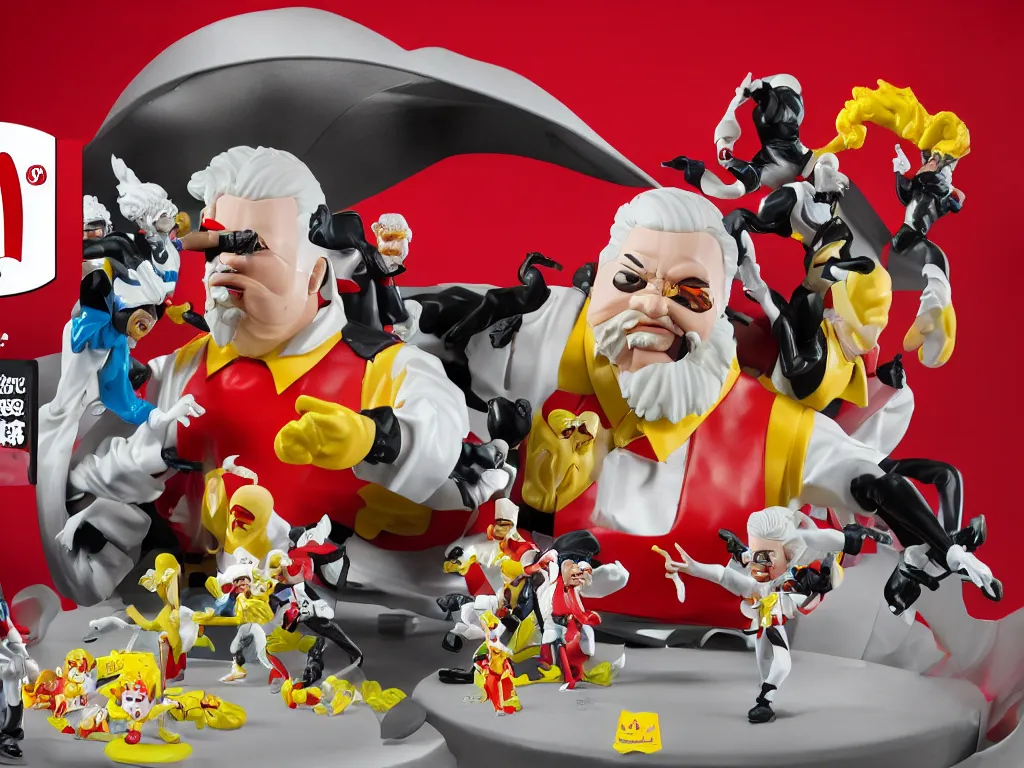 Image similar to A McDonald's happy meal toy of Colonel Sanders from KFC fighting Cyborg Ninjas, 4k, highly detailed. award winning. look at all that detail!