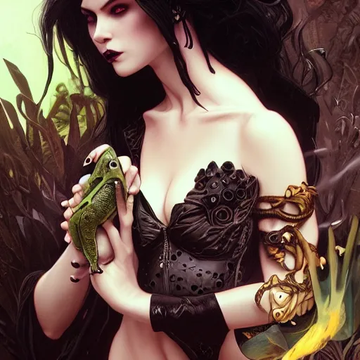 Image similar to attractive goth woman with a frog, intricate, highly detailed, digital painting, artstation, concept art, smooth, sharp focus, illustration, unreal engine 5, 8 k, art by artgerm and greg rutkowski and alphonse mucha