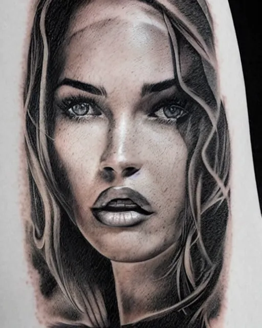 Image similar to realism tattoo design sketch of megan fox face blended with beautiful mountain scenery, in the style of dan mountford, double exposure, hyper realistic, amazing detail, black and white