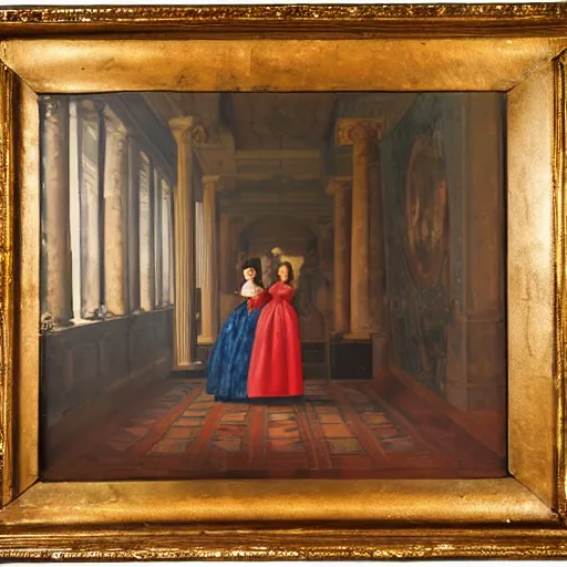 Prompt: fine art, oil on canvas. two women in a vast castle lobby wearing fine clothes, two men looking at one of her in the distance. dark room with light coming through the right side of the place. baroque style 1 6 5 6. high quality recreation of illumination shadows and colors, no distortion on subject faces.