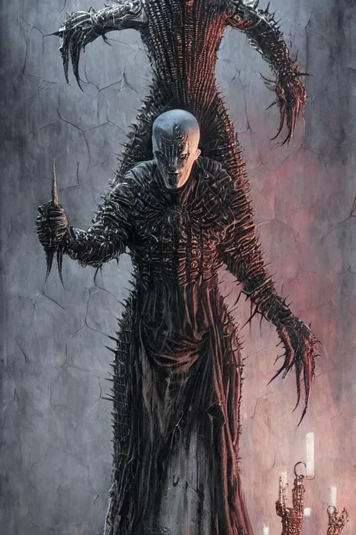 Image similar to portrait of pinhead hellraiser cenobite by hr giger, greg rutkowski, luis royo and wayne barlowe as a diablo, resident evil, dark souls, bloodborne monster