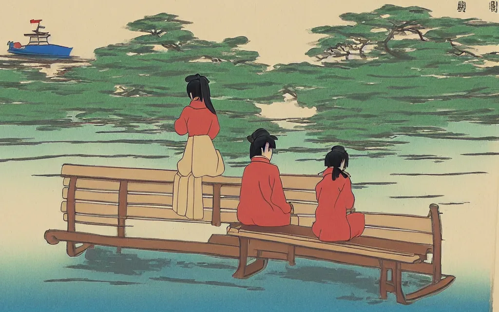 Prompt: a woman sitting on a bench with a man on a boat painting in yamato - e style