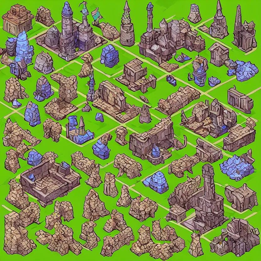 Image similar to set of isometric game tiles, containing a wizard's tower, enemies'hideouts and several resources, colored lineart from resource gathering game