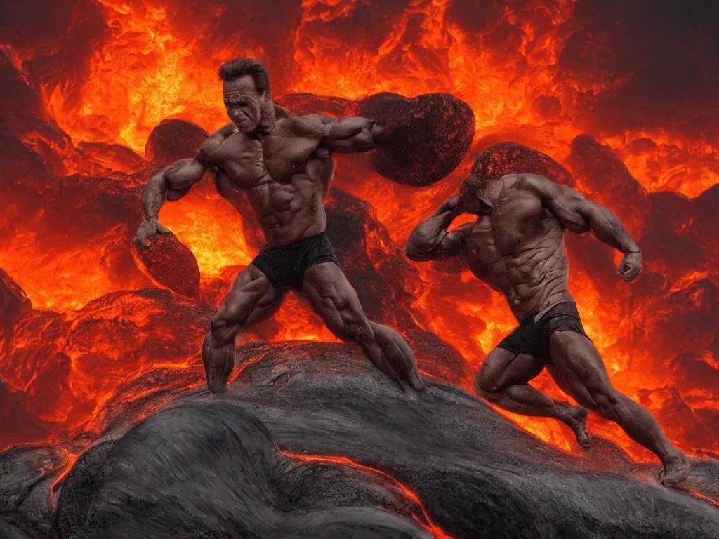 Image similar to arnold schwarzenegger surfing on lava, muscular, erupting volcano, stunning scene, 8 k, extremely detailed digital painting, depth, bright colors, trending on artstation