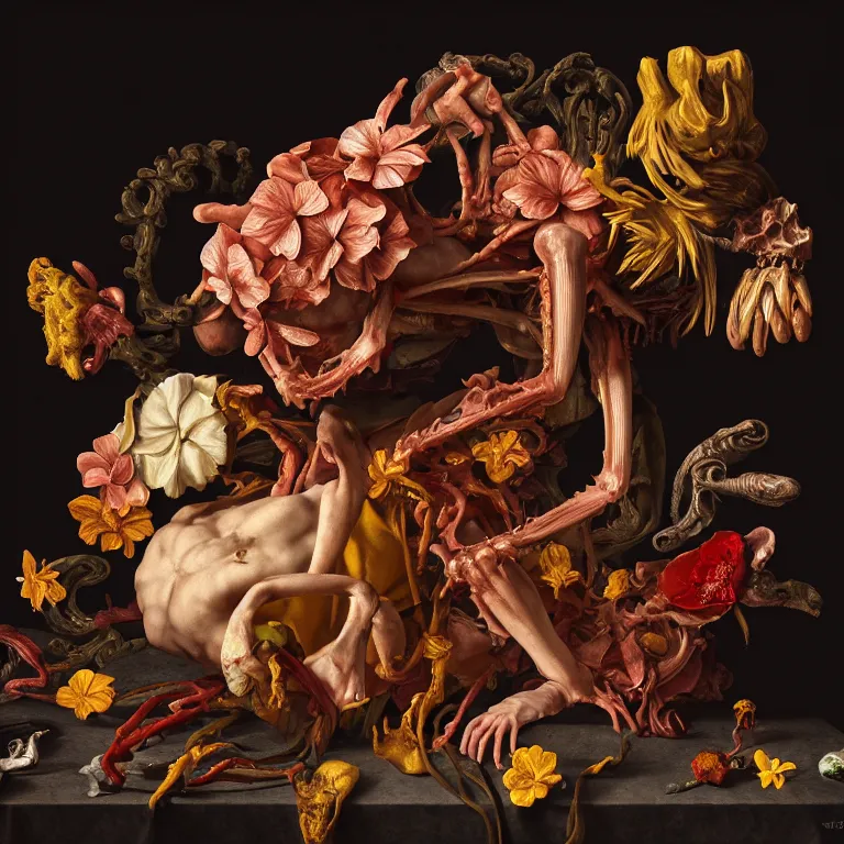 Image similar to still life of rotten flesh, beautiful tropical flowers, human spine, colorful mold, baroque painting, beautiful detailed intricate insanely detailed octane render, 8K artistic photography, photorealistic, chiaroscuro, Raphael, Caravaggio