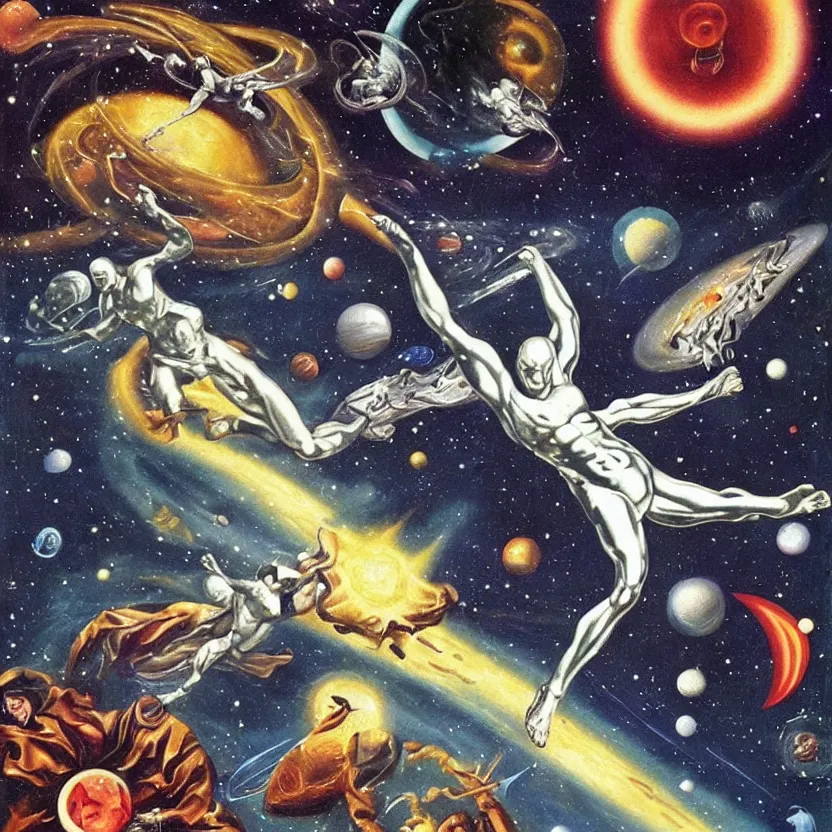 Prompt: silver surfer surfing by planets in space. action shot. pulp sci - fi art for omni magazine. high contrast. baroque period, oil on canvas. renaissance masterpiece.