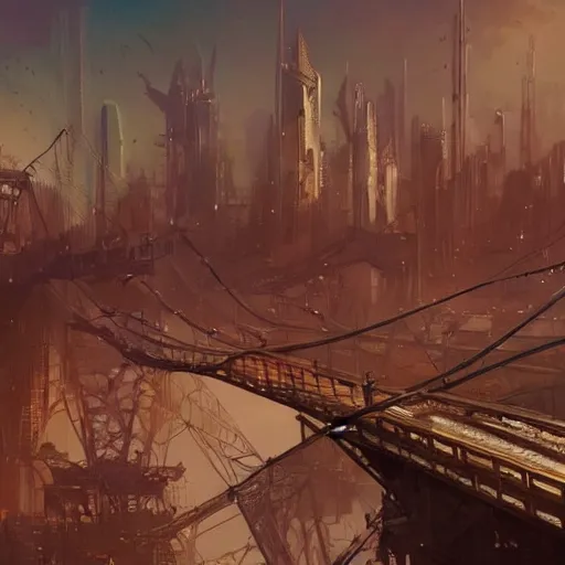 Prompt: an old rusty bridge stands in a futuristic city, by greg rutkowski, by conrad roset, digital art, trending on artstation