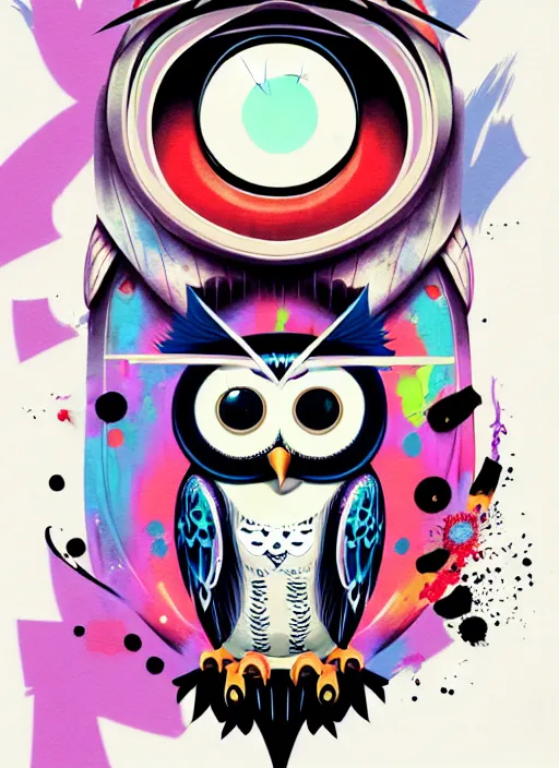 Image similar to arrogant elegant medium shot of white one - eyes owl dressed in samurai garment, pixiv fanbox, dramatic lighting, maximalist pastel color palette, splatter paint, pixar and disney exploded - view drawing, graphic novel by fiona staples and dustin nguyen, peter elson, alan bean, wangechi mutu, clean cel shaded vector art, trending on artstation