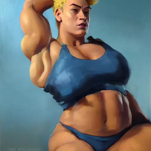 Prompt: greg manchess portrait of thick muscular weightlifter zarya from overwatch with ponytail and blond hair sleeping on bed, medium shot, asymmetrical, profile picture, organic painting, sunny day, matte painting, bold shapes, hard edges, street art, trending on artstation, by huang guangjian and gil elvgren and sachin teng
