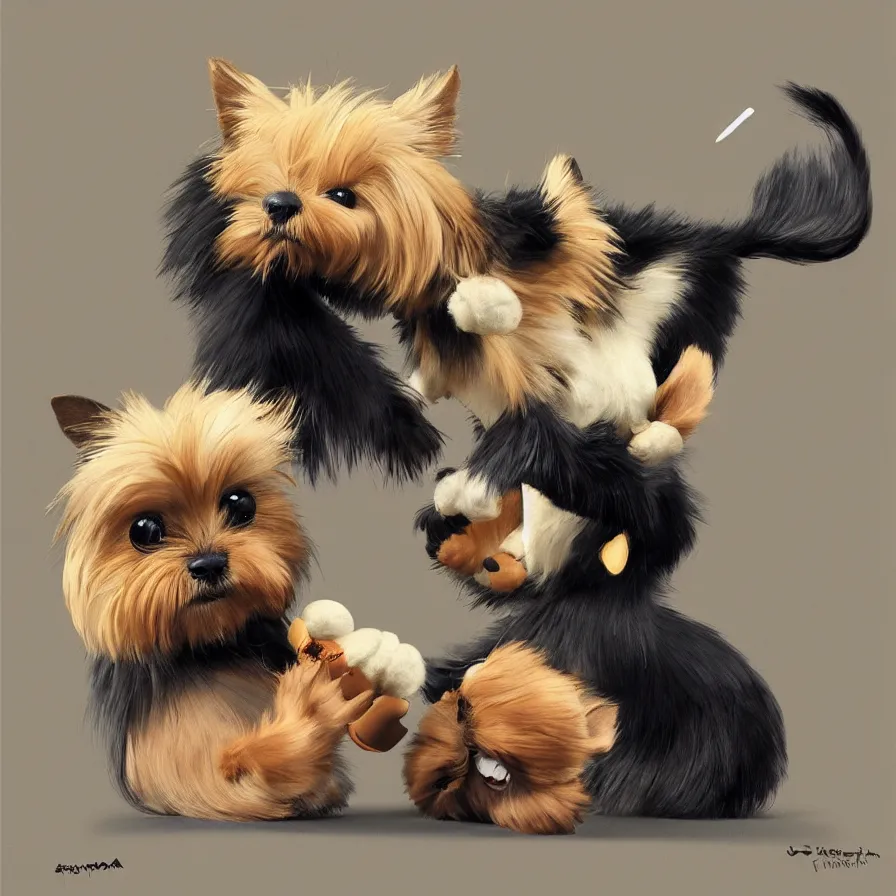 Prompt: Goro Fujita ilustration a very cute Yorkshire Terrier, with black and caramel fur, playing with a plush monkey toy, painting by Goro Fujita, sharp focus, highly detailed, ArtStation