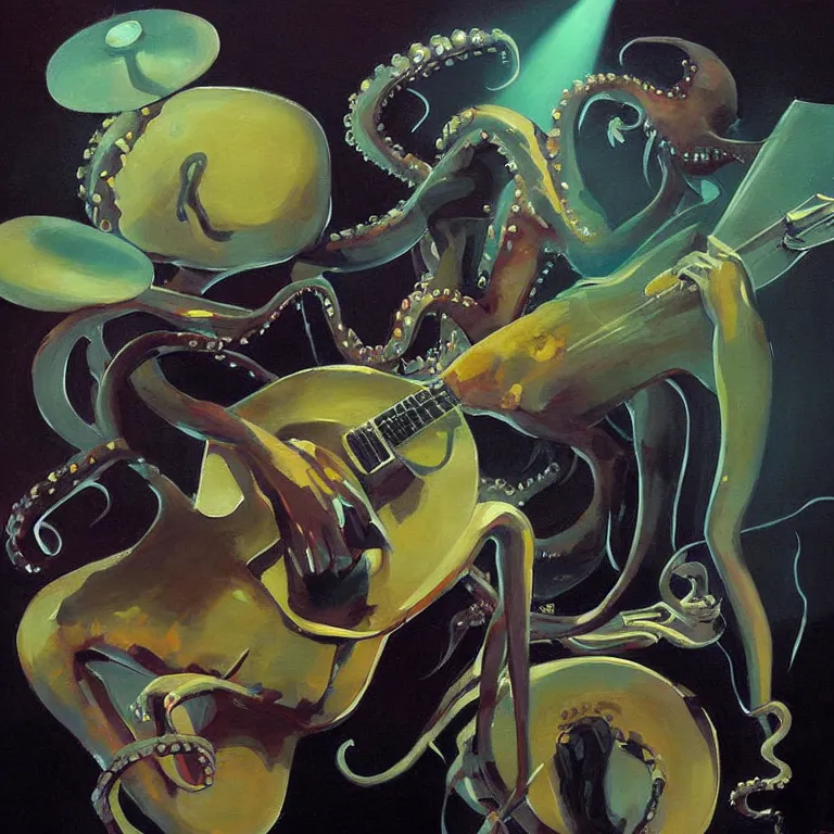 Image similar to a beautiful painting by greg tocchini of an octopus playing drums and telecaster guitar in an electronic concert, dark background, concert light, dark mood, warm lights