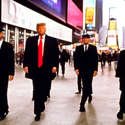 Image similar to still of donald trump walking with bodyguards in time square, wearing maga hat, in american psycho ( 1 9 9 9 )