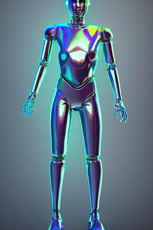 Prompt: 3d render of holographic human robotic made of glossy iridescent, full body robot, full body render, surrealistic 3d illustration of a human non-binary, non binary model, 3d model human, cryengine, made of holographic texture, holographic material, holographic rainbow, concept of cyborg and artificial intelligence