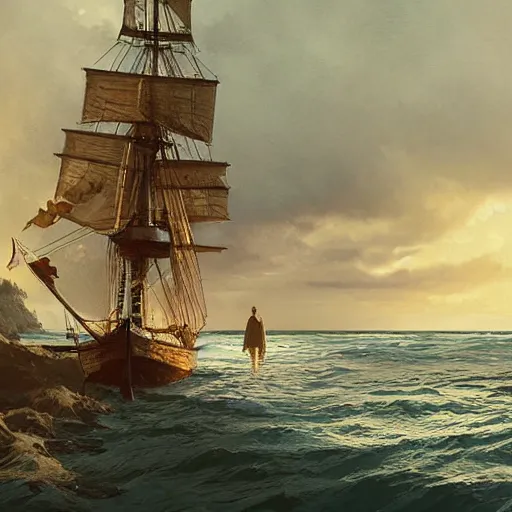 Prompt: A Pacific Islander woman watches a European tall ship approaching shore, digital art by Greg Rutkowski