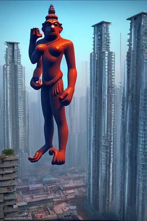 Image similar to high quality 3 d cyberpunk biomorphic hanuman! head building in the middle of mumbai!!, highly detailed, cinematic smooth, stephen shore & john j. park, soft morning light, wide shot, high angle, uhd 8 k, sharp focus