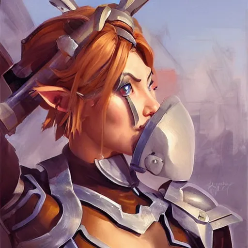 Image similar to greg manchess portrait painting of armored female link from legend of zelda as overwatch character, medium shot, asymmetrical, profile picture, organic painting, sunny day, matte painting, bold shapes, hard edges, street art, trending on artstation, by huang guangjian and gil elvgren and sachin teng