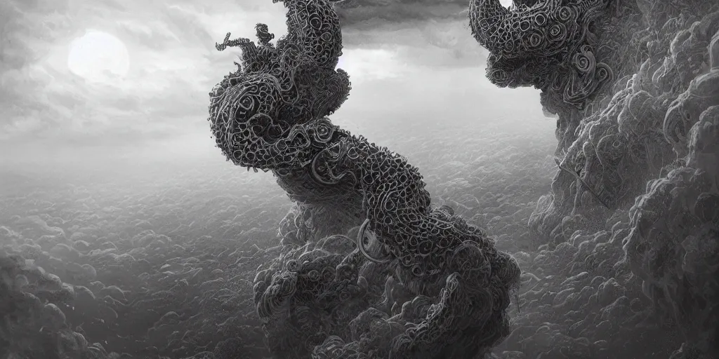 Image similar to epic hyperdetailed portrait of 🐙🕷 lurking in above the clouds, by nicholas delort, highly detailed matte painting, digital painting, artstation, concept art, smooth, graphic black and white. intricate, elegant.