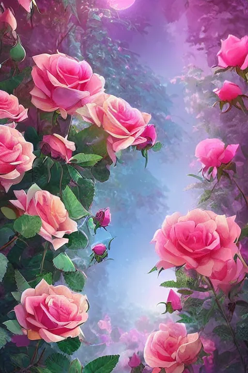 Prompt: beautiful digital matte cinematic painting of whimsical botanical illustration roses by greg rutkowki and alena aenami artstation