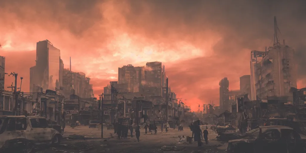 Image similar to post apocalyptic city with burning red sky with people on the streets