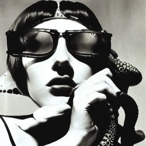 Image similar to A portrait of a beautiful cyberpunk girl with octopus, by Man Ray and Helmut Newton, fine art