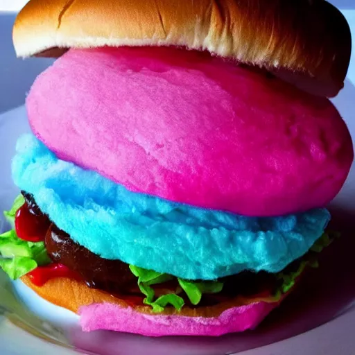 Image similar to a cotton candy burger.