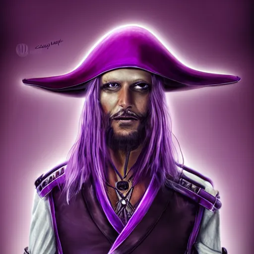 Image similar to a portrait photo of a futuristic sci - fi pirate, purple themed