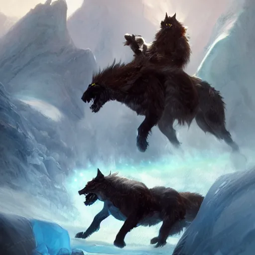 Prompt: riding the warcat into the translucent ice caves. melancholy undertones, high fantasy art official contest submission greg rutkowski 3 8 4 0