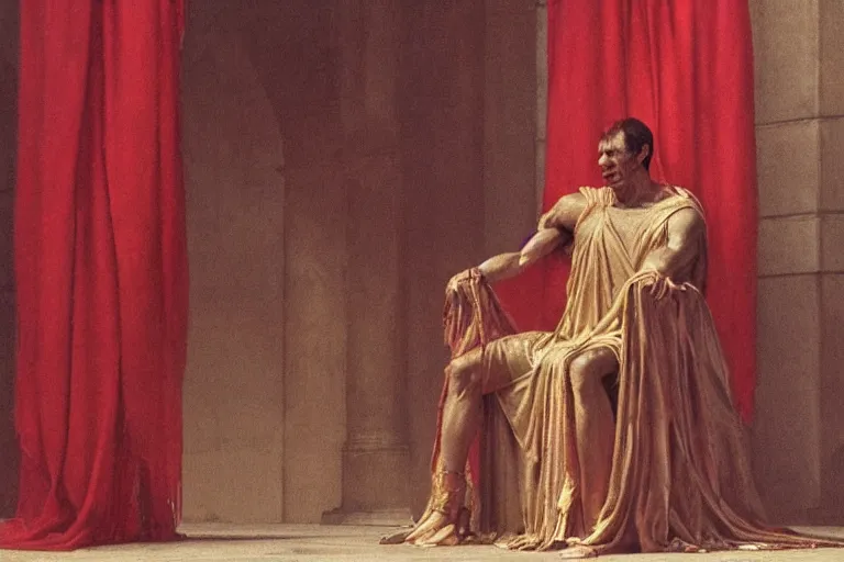 Prompt: a tired, lonely and broken julius caesar is sitting on his throne. face is highly detailed. splices of red are running down his toga. mist. color scheme red and gold. soft light. low angle medium shot. imagined by greg rutkowski and jean - leon gerome