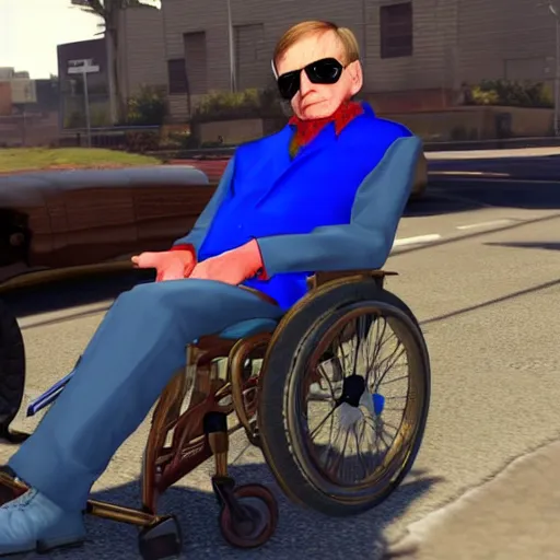 Image similar to stephen hawking as a ganster in gta v, rolling with the crips, gold jewelry, bling bang