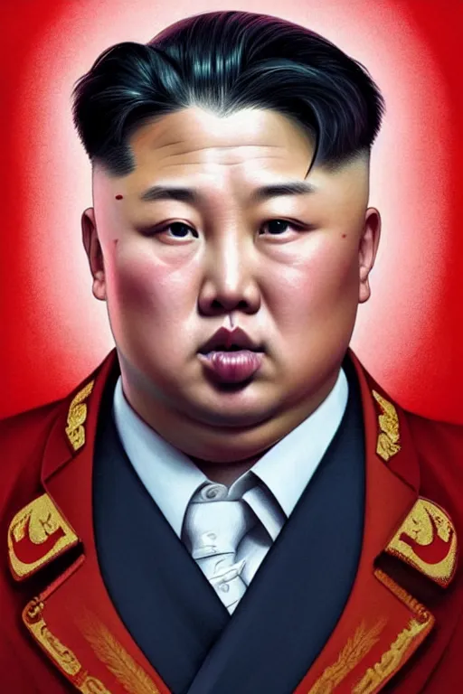 Image similar to putin with kim jong un hairstyle, realistic portrait, symmetrical, highly detailed, digital painting, artstation, concept art, smooth, sharp focus, illustration, cinematic lighting, art by artgerm and greg rutkowski and alphonse mucha