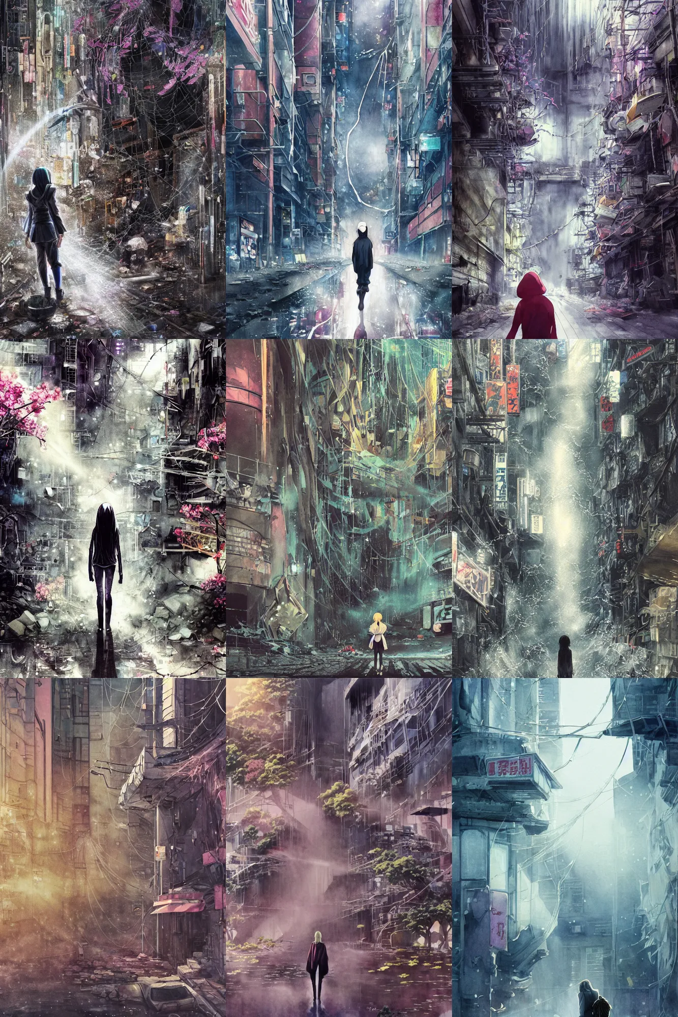 Prompt: anime movie scene, mamoru oshii, otomo, ultra wide, vanishing point, hoody woman explorer, watercolor, chasm, collapse, sinkhole, spiderwebs, flowers, dripping, sewer pipe, waterfall, billboards, sun beam, dusty volumetric light, back lit, paper texture, puddles, deserted shinjuku junk, brutalist, golden ratio